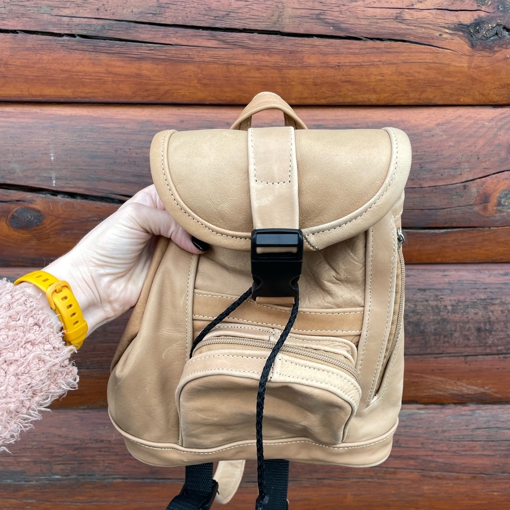 Handmade Bohemian Festival Style Tan Authentic Leather Mini Backpack - Picture 5 of 11